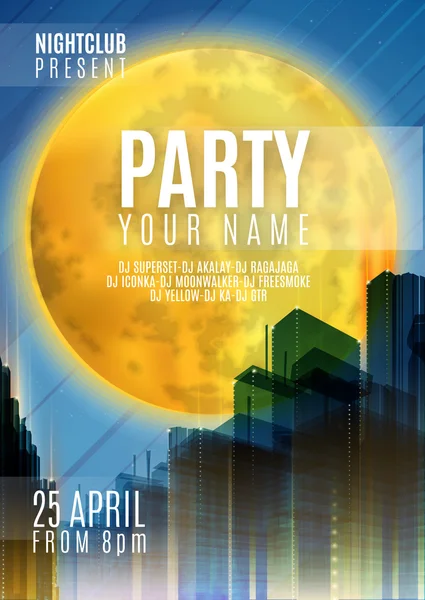 Nachtparty - Flyer oder Cover-Design. Hintergrund mit Vollmond und Nachtvektor städtische abstrakte Illustration — Stockvektor