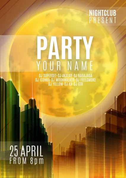 Night Party - Flyer or Cover Design. Background with full moon and night vector urban abstract illustration — Stockvector