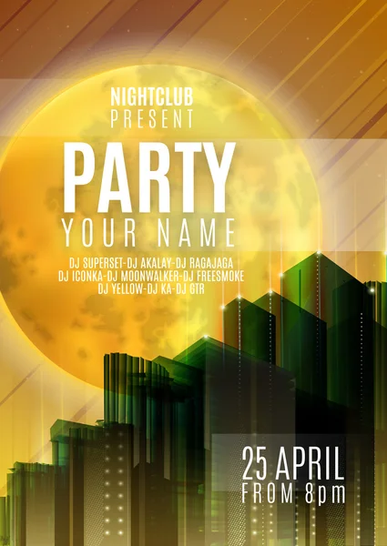 Night Party - Flyer or Cover Design. Background with full moon and night vector urban abstract illustration — 스톡 벡터
