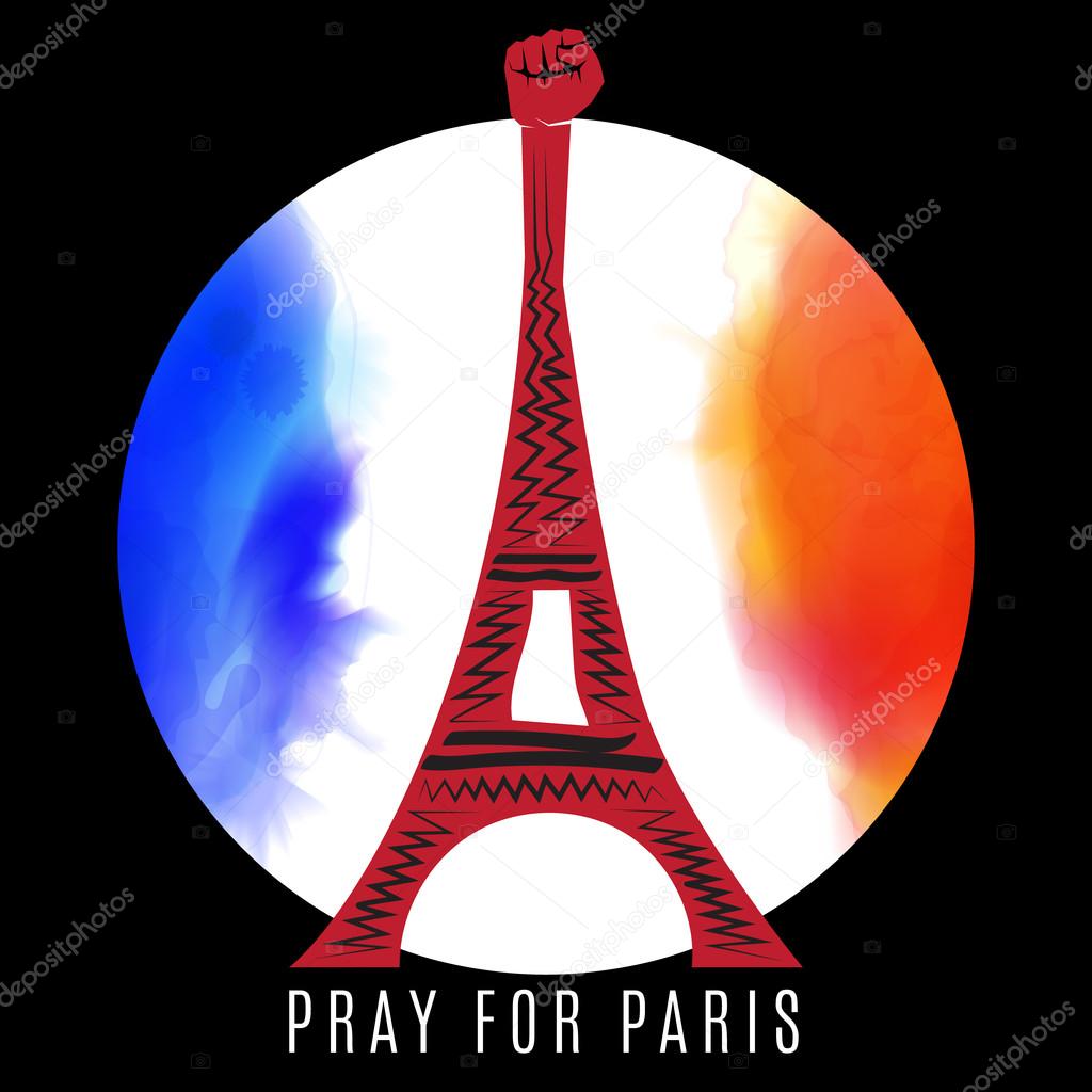 Pray for Paris. France. Eiffel tower on background colored france flag.