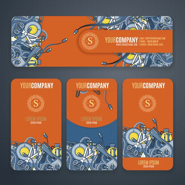 Corporate Identity vector templates set with doodles it theme.  Office stuff, phone, wires with connectors, cup of cofee, clips. — Διανυσματικό Αρχείο