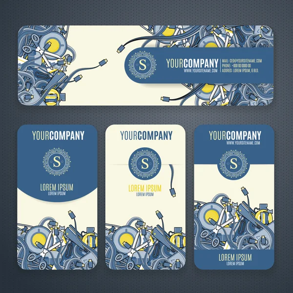 Corporate Identity vector templates set with doodles it theme in navy colors on white background . Office stuff, phone, wires with connectors, cup of cofee, clips. — Διανυσματικό Αρχείο