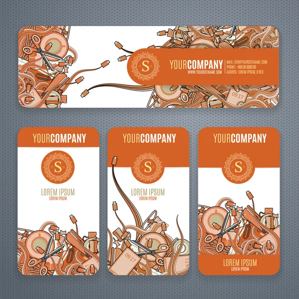 Corporate Identity vector templates set with doodles it theme in orange colors on white background.  Office stuff, phone, wires with connectors, cup of cofee, clips. — Διανυσματικό Αρχείο