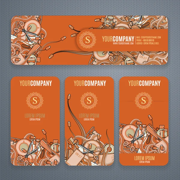 Corporate Identity vector templates set with doodles it theme in orange colors.  Office stuff, phone, wires with connectors, cup of cofee, clips. — Διανυσματικό Αρχείο
