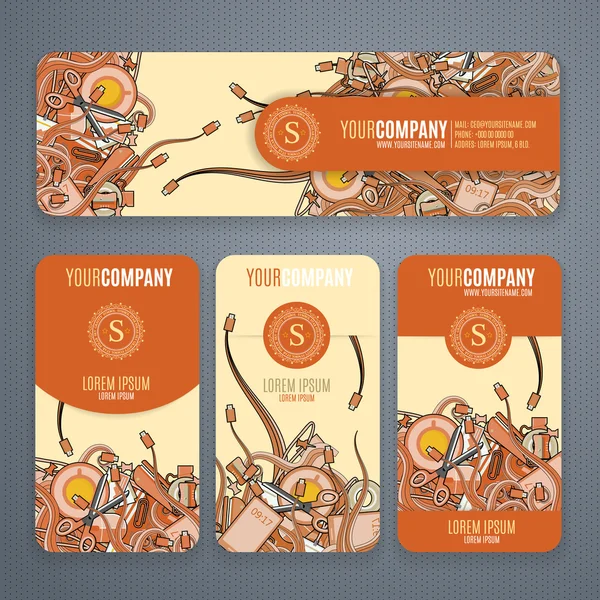Corporate Identity vector templates set with doodles it theme in orange colors on light background. Office stuff, phone, wires with connectors, cup of cofee, clips. — Διανυσματικό Αρχείο