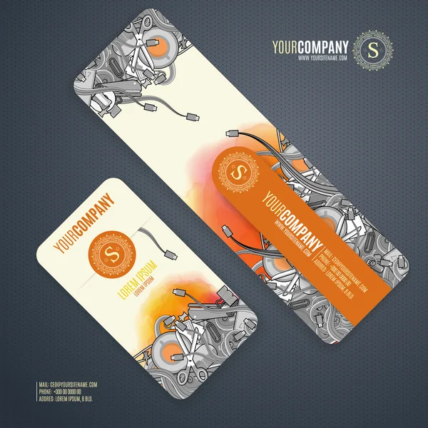 Corporate Identity vector templates set with doodles it theme in cartoon gray colors on watercolor backgroynd.  Office stuff, phone, wires with connectors, cup of cofee, clips. — Διανυσματικό Αρχείο