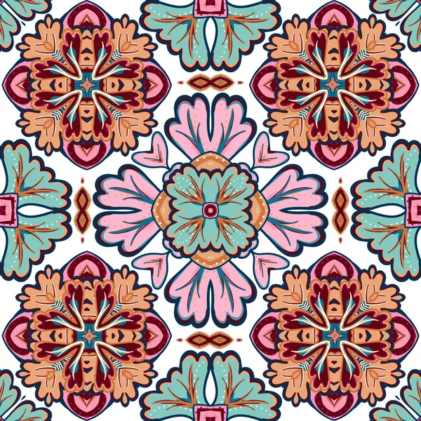 Seamless patchwork pattern from Moroccan, Portuguese  tiles, Azulejo, ornaments. For wallpaper, pattern fills, surface textures — ストックベクタ