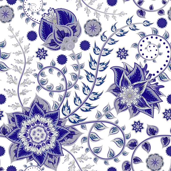Vector seamless vintage floral pattern. Stylized silhouettes of flowers and leave on a white background. Fantasy colorful flowers. Persia backdrop. — ストックベクタ