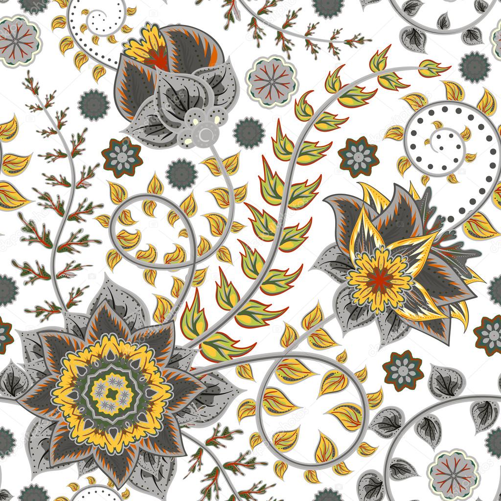 Vector seamless vintage floral pattern. Stylized silhouettes of flowers and leave on a white background. Fantasy grey and yello flowers. Persia backdrop.