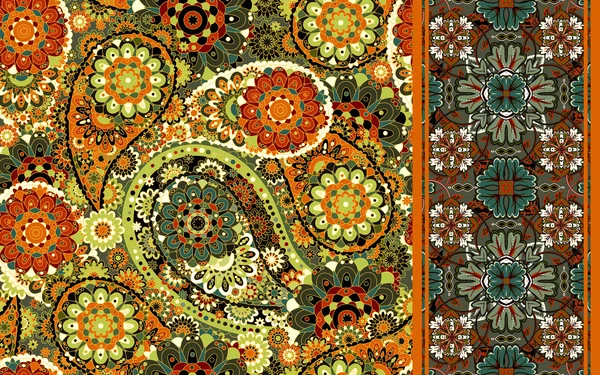 Conjunto de patrón sin costuras basado en elementos asiáticos tradicionales Paisley y rayas. Vector fondo colorido — Vector de stock