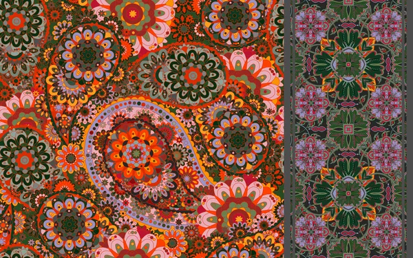 Conjunto de diseño paisley oriental sin costuras radiales y borde vintage. Fondo de flores. Fondo de adorno decorativo para tela, textil, papel de envolver, tarjeta, invitación, papel pintado, diseño web . — Archivo Imágenes Vectoriales