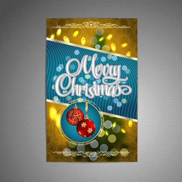 Vector Natal Poster fundo com árvore de Natal borrada e duas bolas de Natal vermelhas. Vetor . — Vetor de Stock