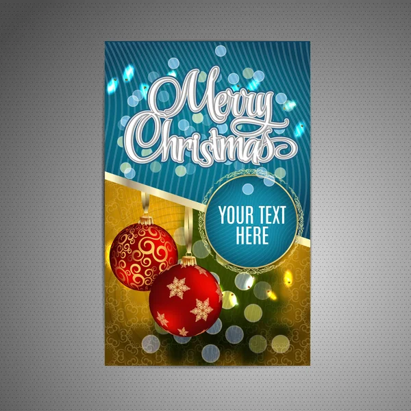 Vector Christmas Poster background with blurred christmas tree and two red christmas balls. Vector. — Stock Vector