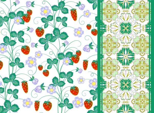 Set of vector hand drawn seamless strawberry pattern and border or tape, ribbon, band. — Wektor stockowy