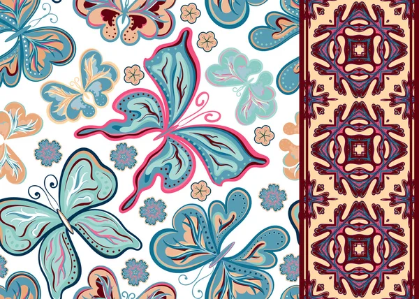 Patrón sin costuras con coloridas mariposas vintage y flores. Mano dibujar vector fondo — Vector de stock