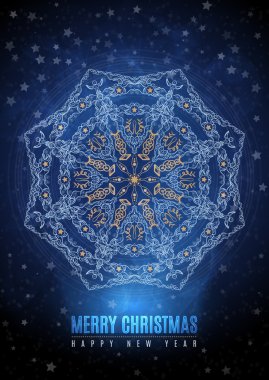 Neşeli Noel mutlu yeni yıl süslü altın kış kar tanesi şeklinde hipster origami stil. Noel kartı veya zarif tatil partisi davetiyesi için idealdir. Eps10 vektör.