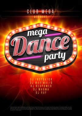 Neon sign mega Dance party in light frame on red  flame background. Vector illustration. EPS10.