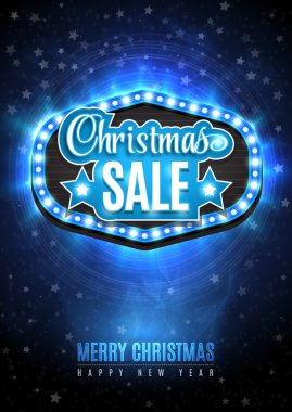Light frame with glowing lights, garlands of blue and yellow with the words Christmas Sale. Blue Snow background with light rays and stars. Background on sale, discounts, promotions in the winter