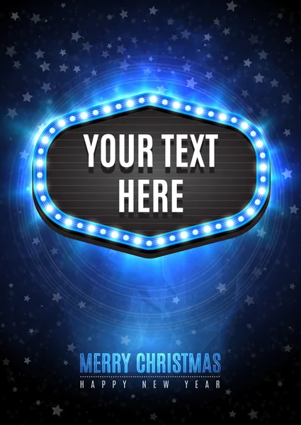 Shining retro light frame banner template in Christmas and Happy new year style on blue snow background with light rays and stars.  Vector illustration EPS 10.