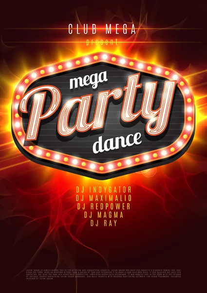Mega Party Dance Poster Background Template with retro light frame on red flame background - Vector Illustration. — Stockvector