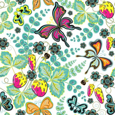 Sorunsuz meyveler, çiçekler ve kelebekler. El-çizim vektör çizim.