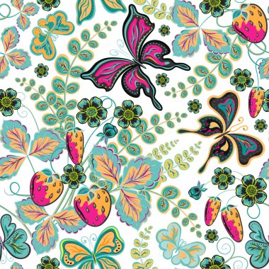 Sorunsuz meyveler, çiçekler ve kelebekler. El-çizim vektör çizim.