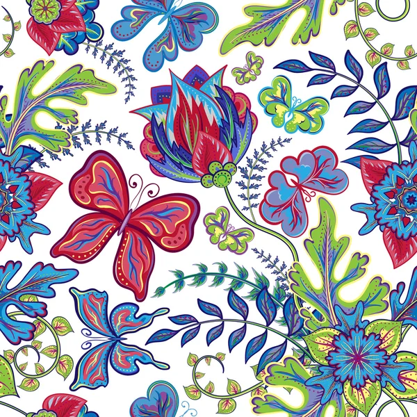 Papillon sans couture dessiner à la main avec motif floral sur fond blanc — Image vectorielle