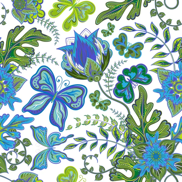 Mano sin costuras dibujar mariposa con patrón floral sobre fondo blanco — Vector de stock