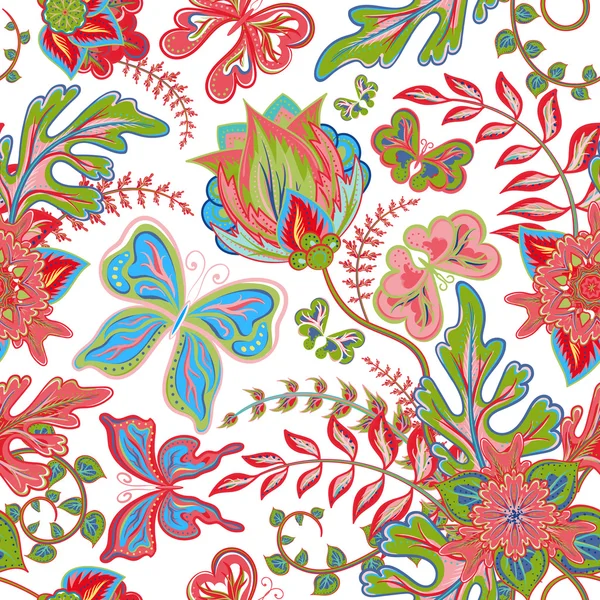 Papillon sans couture dessiner à la main avec motif floral sur fond blanc — Image vectorielle