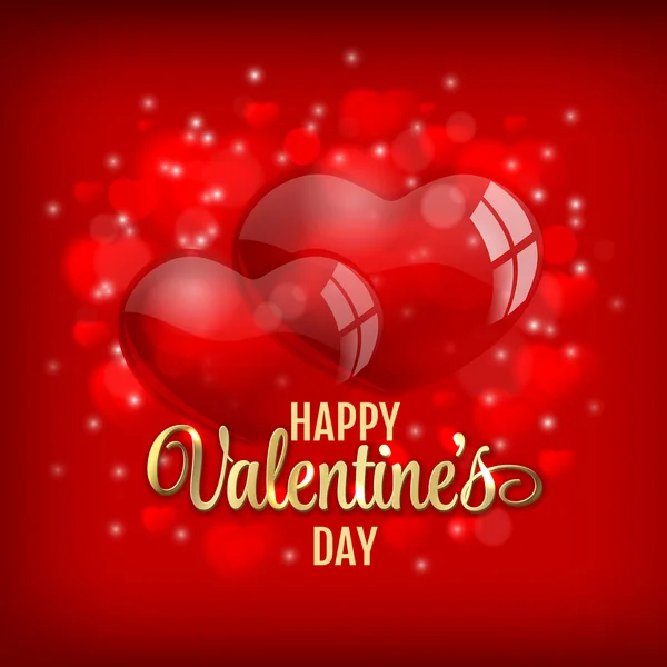 Saludo de San Valentín con globos rojos del corazón y letras doradas sobre fondo rojo brillante ilustración vectorial — Archivo Imágenes Vectoriales