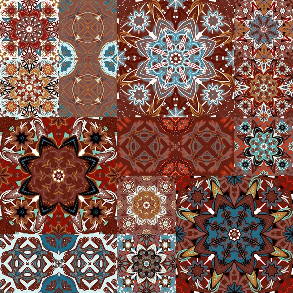 Piastrella patchwork vettoriale senza cuciture con motivi vittoriani in colorato — Vettoriale Stock