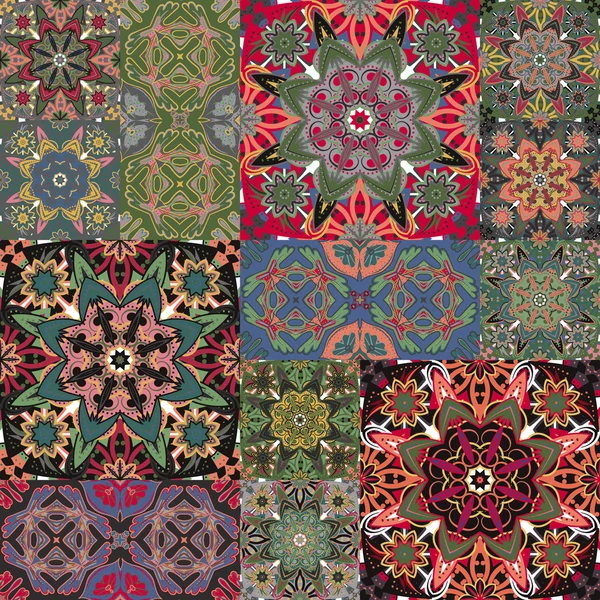 Modèle de patchwork floral sans couture. Ensemble de décors vectoriels à carreaux. Textures abstraites avec tuiles dans le style oriental — Image vectorielle