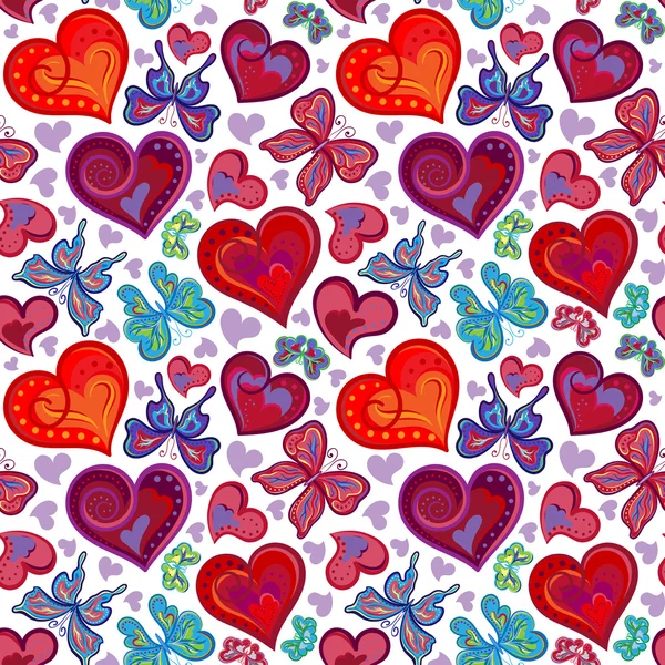 Padrão valentine sem costura com borboletas coloridas vintage vermelho e azul, flores, corações. Ilustração vetorial —  Vetores de Stock