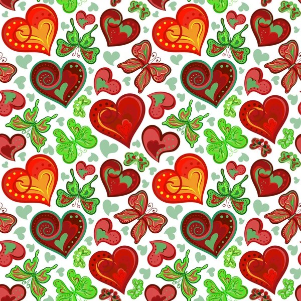 Seamless valentine pattern with colorful vintage green and maroon butterflies, flowers hearts on white background. Vector — Stock Vector