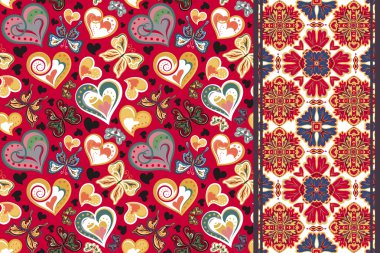 Valentines çiçek arka plan Kalpler, kelebek ve sorunsuz kenarlıklı, Şerit şerit şerit kümesi. Retro desen