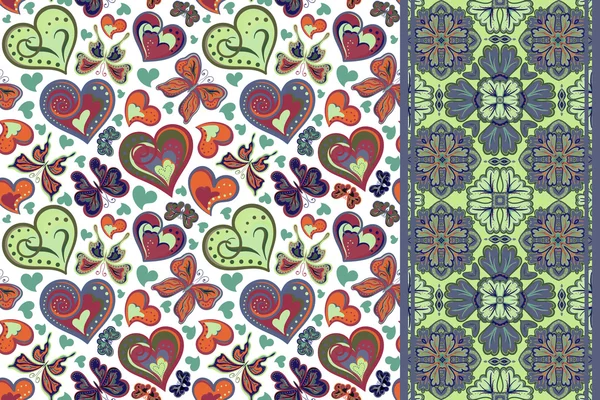 Set von valentines floralen Hintergrund mit Herzen, Schmetterling und nahtlose Bordüre, Band Streifen. Retro-Muster — Stockvektor