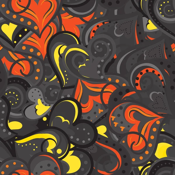 Corazón negro, amarillo y naranja patrón. Fondo sin costura vectorial — Archivo Imágenes Vectoriales