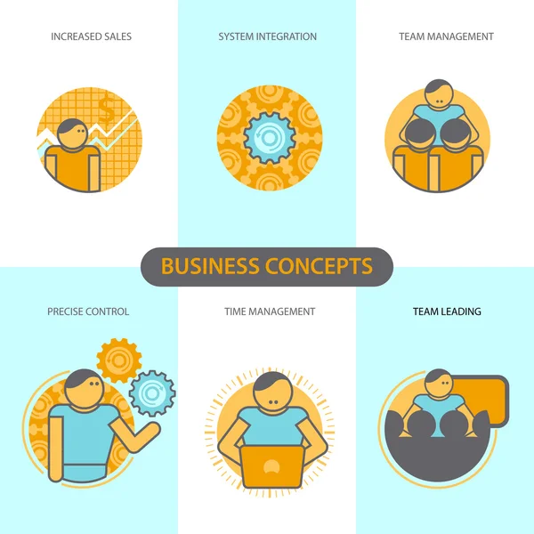 Line icons set with flat design elements of business concepts, system integration, team management, precise control, increased sales, precise control, time management. Modern vector pictogram — Stockvector