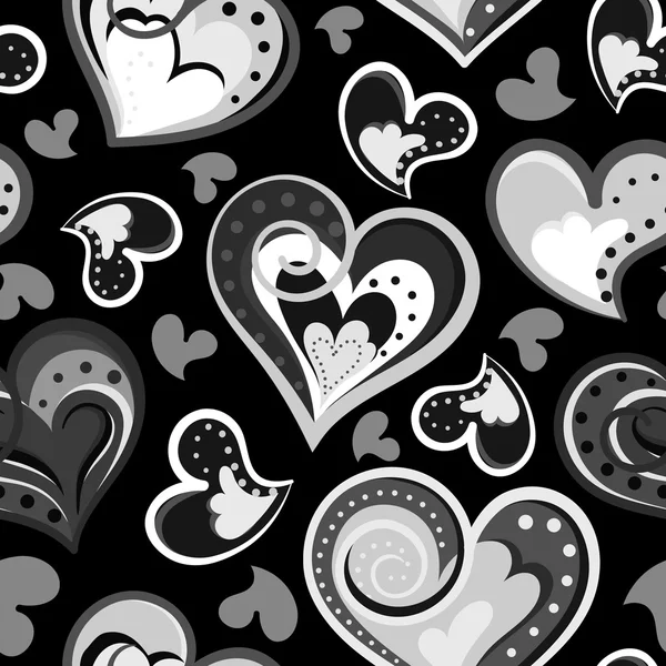 Seamless hand drawn pattern with hearts. Black and white vector illustration — Stock Vector