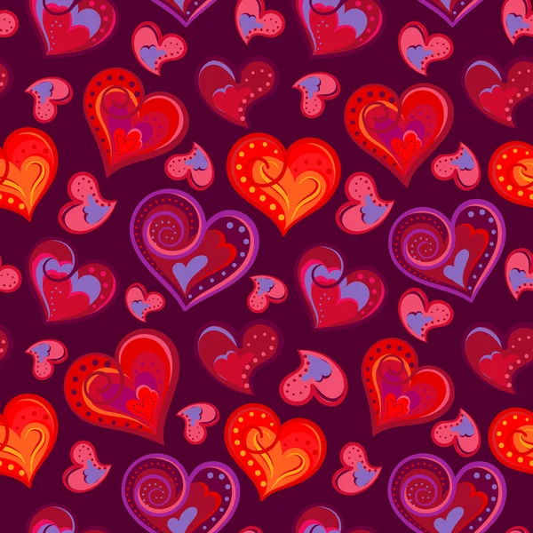 Modèle romantique sans couture avec main colorée dessiner des cœurs. Coeurs lumineux sur fond violet. Illustration vectorielle . — Image vectorielle