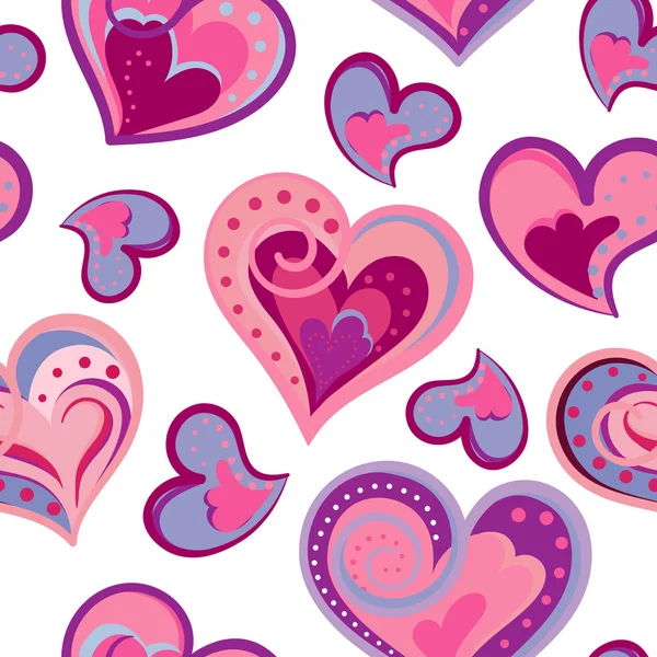 Día de San Valentín artístico dibujado a mano coloridos corazones fondo, vector patrón sin costuras . — Vector de stock