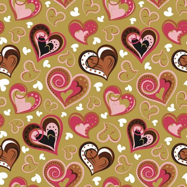Hand drawn doodle seamless pattern of hearts. Pink brown hearts on light chocolate background. Vector illustration. — Stock Vector