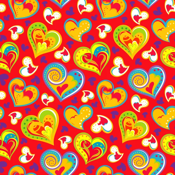 Hand drawn doodle seamless pattern of hearts. Colofrul hearts on colored background. Vector illustration — Stock Vector