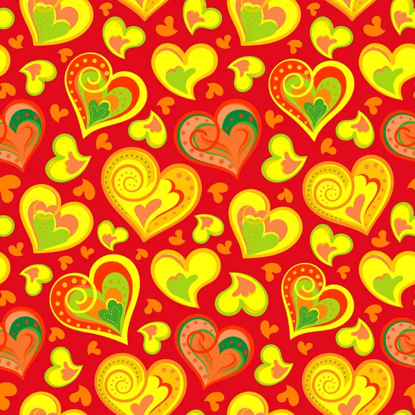 Hand drawn doodle seamless pattern of hearts. Colofrul hearts on colored background. Vector illustration — Stock Vector