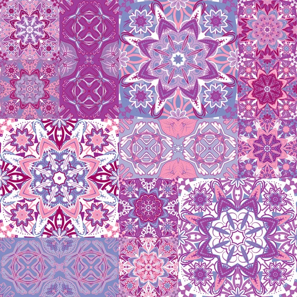 Uppsättning av sömlösa mönster. Sömlös abstrakt mönster ram av trendiga färgade blommor blomma plattor. För tapeter, ytstrukturer, textil. Indien, Islam etniska rund stil. Vit, rosa lila. Lapptäcke — Stock vektor