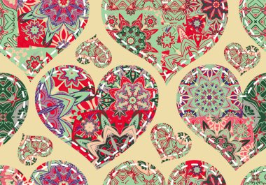 Seamless Valentines Day pattern with pastel patchwork hearts.