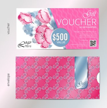 Gift voucher vector beauty watercolor background plus envelope. VIP backdrop pink flowers, peach for saloon, gallery, spa, etc