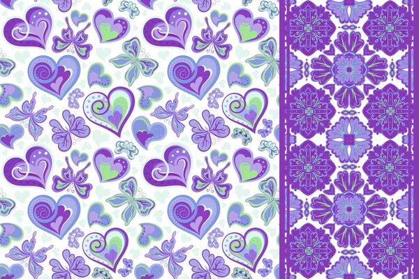 Vector pattern set with butterflies, hearts and seamless border ,ribbon strip band. Hand draw floral illustration. Valentines day — Stockový vektor