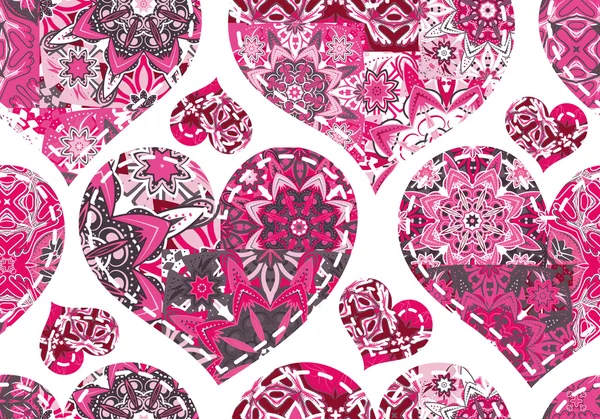 Seamless pattern with collection hearts in vintage patchwork style. — Stockový vektor