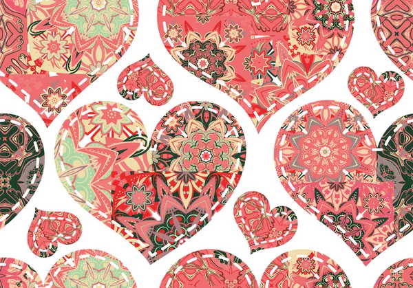 Seamless pattern with collection hearts in vintage patchwork style. — Stockový vektor